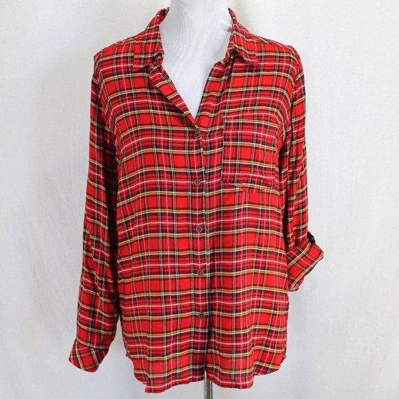 Kut from the Kloth Flannel Shirt Womens M Red Black Plaid Long Roll Tab Sleeve - Picture 1 of 7